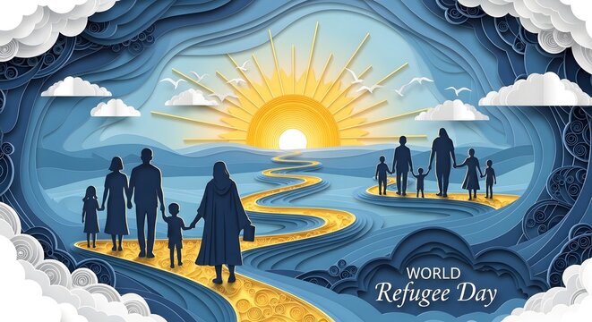 World refugee day: silhouette family walking towards sunrise on path
