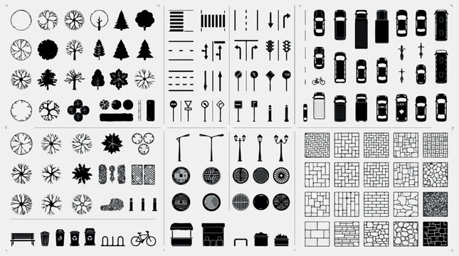 Architectural site plan symbols vector set, landscape design elements for master planning, urban infrastructure icons and paving patterns isolated PNG with Transparent Background