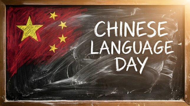 Chinese language day celebration with national flag on chalkboard