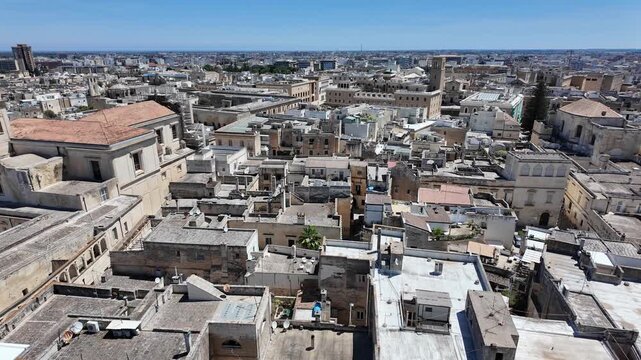 Lecce, Italy. Aerial view of the town from the bell tower. View of the roofs and buildings