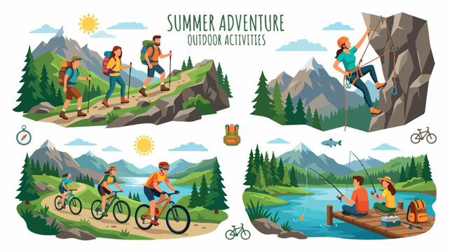 Summer adventure outdoor activities vector set, hiking and rock climbing in mountains, mountain biking and fishing by lake illustrations isolated PNG with Transparent Background