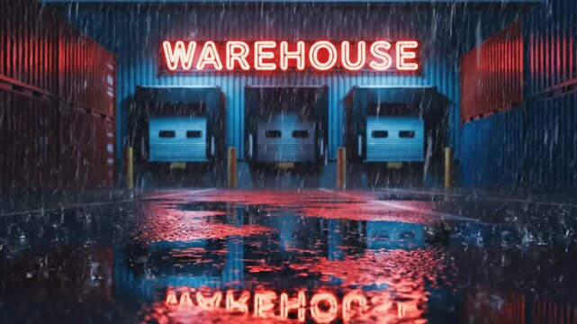 Warehouse loading docks with glowing neon sign at night in heavy rain