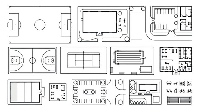 Architectural site plan icons, sports facility master plan vector set, urban landscape design elements for park and recreation layout isolated PNG with Transparent Background