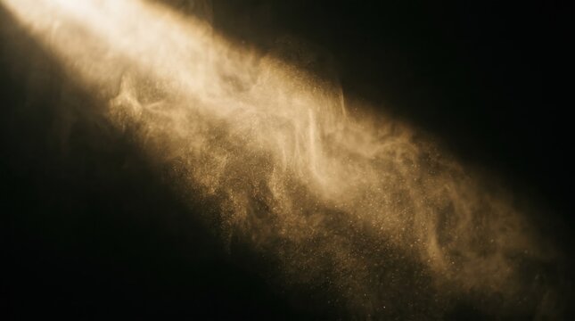 Golden Spotlight Beam with Smoke and Dust Particles on Black Background. Atmospheric Amber Sunbeam Ray for Cinematic Lighting Effects and Dramatic Design.