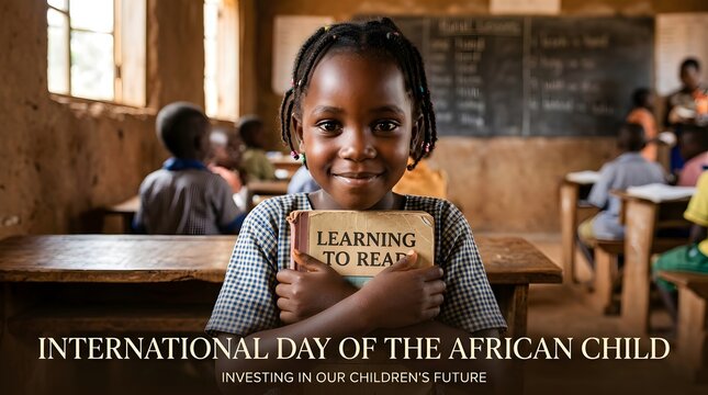 Young african girl holding learning book in a classroom for international day