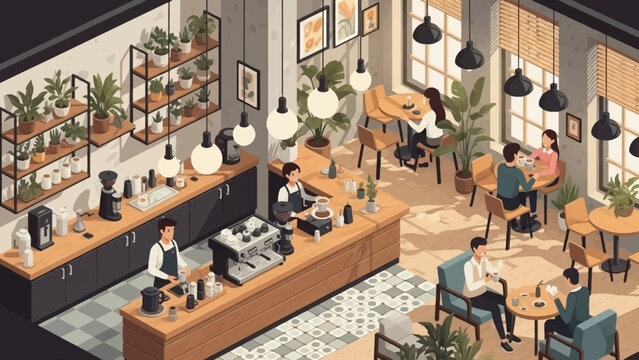 Modern Coffee Shop Interior with Customers.