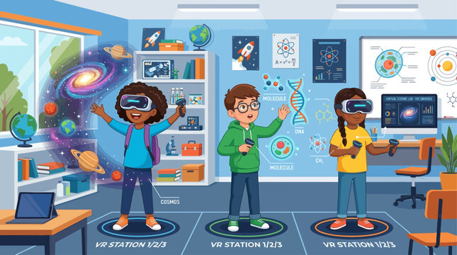 Children exploring science with virtual reality headsets in classroom