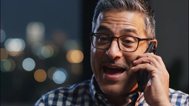 A man with glasses is talking on his phone. The background is blurred with city lights.