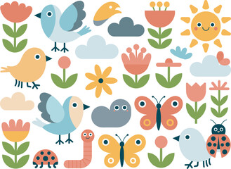 Fototapeta premium Cute spring nature collection with birds butterflies flowers sunshine and garden insects cartoon illustrations