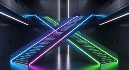 Obraz premium Minimalist futuristic staircase with glowing neon edges and sharp angular architecture inside a sleek metallic space station environment, symmetry, hall, station