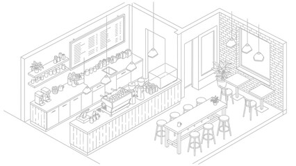 Fototapeta premium Restaurant Interior Design Blueprint Isometric View.