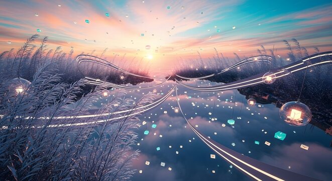 Surreal japanese tanabata festival landscape with glowing wishes and pampas grass at sunset