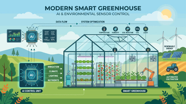 Smart greenhouse with technology and plants inside, illustration