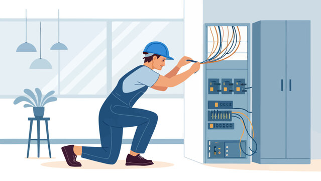 An electrician in a blue uniform and cap is working on a large electrical panel in a modern room with a plant and lamp.
