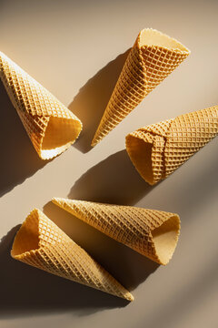Empty waffle ice cream cone on a neutral background. Sunlight. Top view. Summer concept