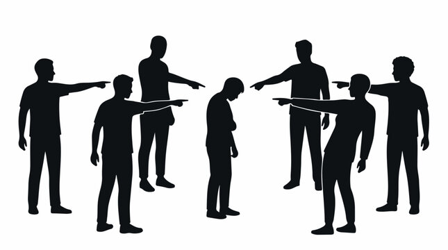 Social bullying and peer pressure silhouette vector, group of people pointing fingers at a victim, workplace harassment and discrimination concept isolated PNG with Transparent Background