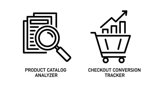 Product catalog analyzer and checkout conversion tracker e-commerce icons
