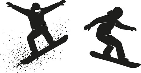 Snowboarder Silhouette Set Performing Freestyle Tricks and Jumps in Winter Sports Action Vector Illustration © Amina