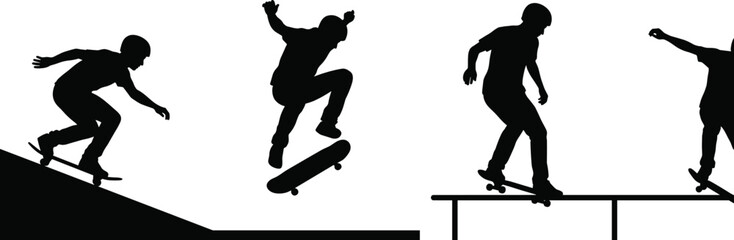 Skateboarder Silhouette Set Performing Street Skateboarding Tricks on Ramp Rail and Flat Ground © Amina