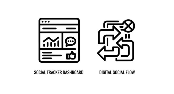 Social media tracker dashboard and digital flow interface icons with dashboard