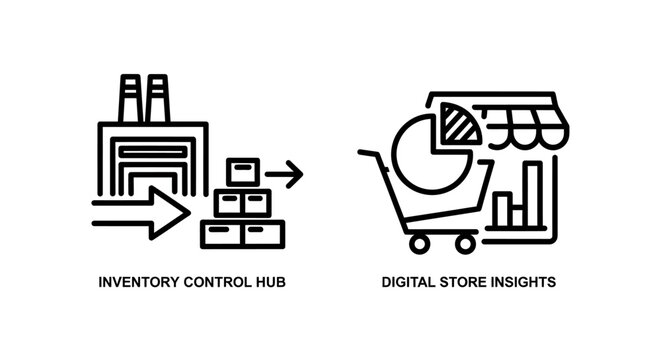 Logistics inventory control hub and digital e-commerce store insights icons