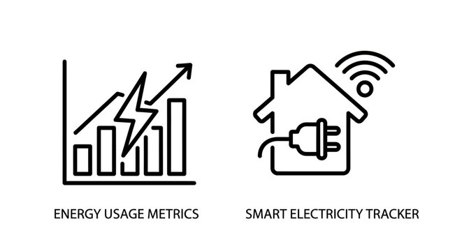 Energy usage metrics and smart electricity tracker outline icons with efficiency