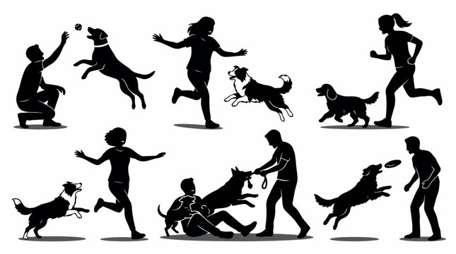 Dog training and playing silhouettes, active people with pets vector set, owners exercising with dogs in park, canine obedience and agility isolated PNG with Transparent Background