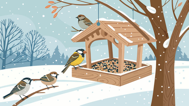 Wild birds feeding at wooden birdhouse in winter with bird watching birdhouse wildlife branches snowfall backyard ornithology landscape environment feathers creature