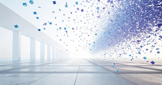 Large modern concrete outdoor terrace with a line of columns looking into a massive cloud of exploding blue and purple confetti particles