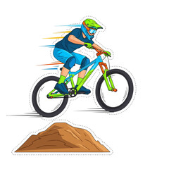 Obraz premium Mountain biker jumps ramp, vector illustration on white background