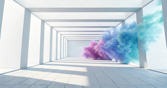 Modern white architectural corridor filled with exploding colorful blue and pink smoke. Minimalist white concrete pavilion with abstract vibrant cloud of smoke moving through pillars