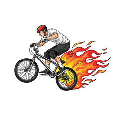 Fototapeta premium Fiery BMX Rider, Stunt Illustration, White Background
