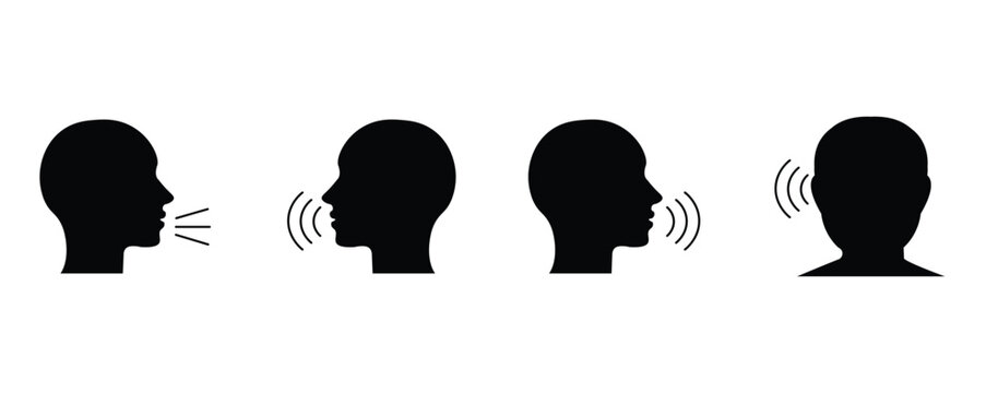 Minimalist communication icons, black head silhouettes speaking and listening, 4 vectors