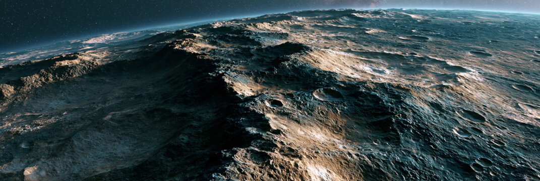 cinematic aerial shot of planet mercury surface
