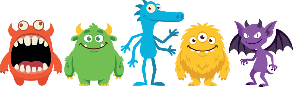Cute and Silly Cartoon Monster Character Set with Colorful Alien Creatures, Friendly Demons, and Furry Mascots for Halloween Kids Graphic Designs