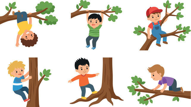 Cute Cartoon Boys Climbing Trees Character Set with Happy Kids Playing Outside, Hanging Upside Down, and Exploring Nature Vector Illustration