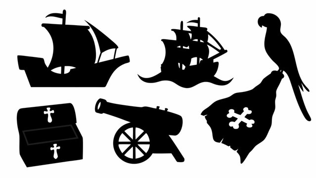 Silhouette vector illustrations of pirate ships cannon treasure chest skull flag with parrot and cannonball for maritime adventure or pirate themed designs
