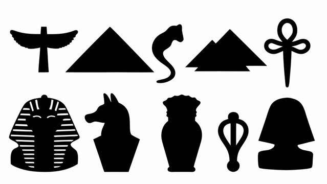 Vector silhouette illustrations of egyptian pyramids sphinx ankh and ancient artifacts in black on white background for cultural and historical design