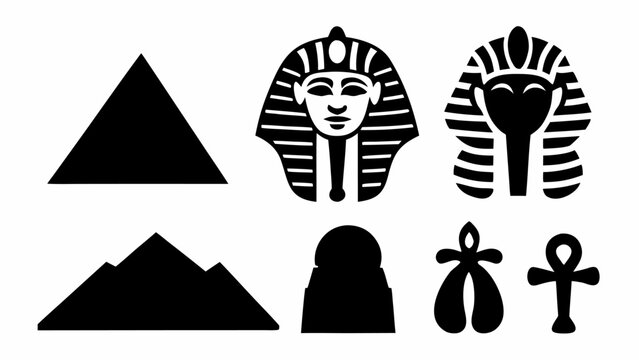 Vector silhouettes of ancient egyptian pyramids and iconic pharaoh masks in black on white background minimalistic style emphasizing historical architecture and cultural symbolism