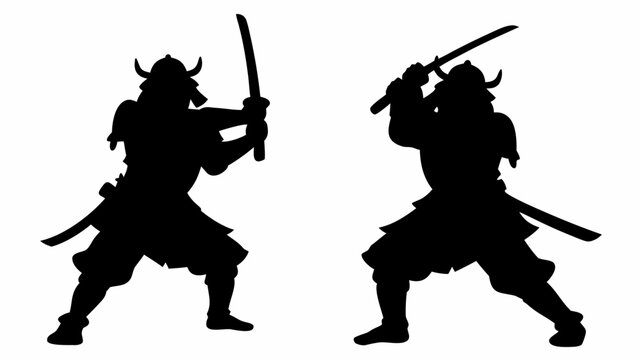 Silhouette vector illustration of two samurai warriors in combat stance with traditional armor and swords on white background dynamic and bold design for cultural or martial arts