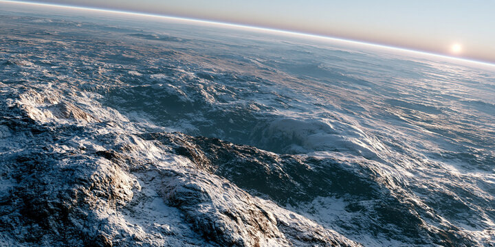 cinematic aerial shot of planet pluto surface