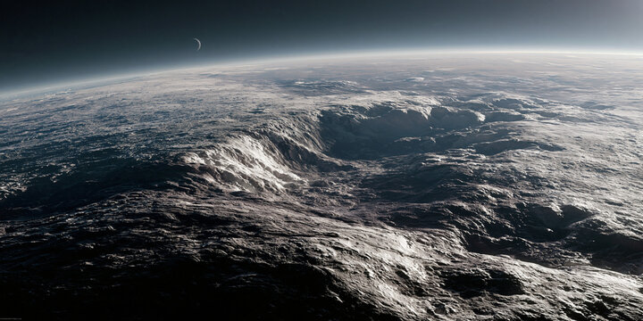 cinematic aerial shot of planet pluto surface