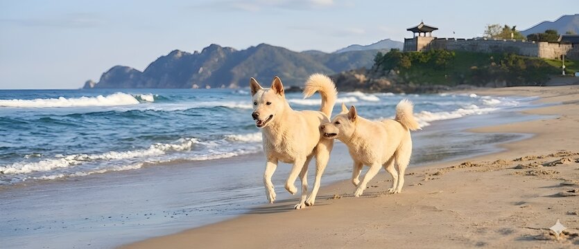 cute Jindo dog in various outdoor scenic backgrounds.