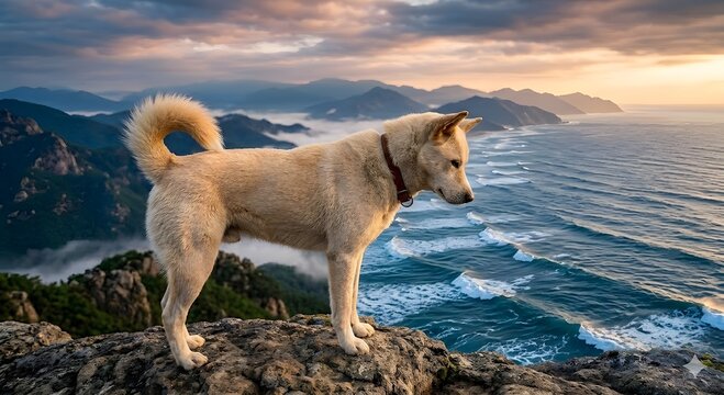 cute Jindo dog in various outdoor scenic backgrounds.