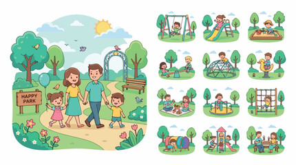 Obraz premium Cartoon family park activities vector set, happy children playing on playground equipment, outdoor summer recreation and picnic scenes isolated PNG with Transparent Background