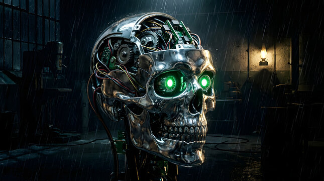 Detailed close-up of a cyborg skull with glowing green eyes in the rain.