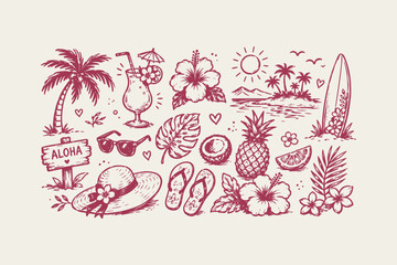 Summer vacation doodle set with tropical elements like palm tree hibiscus flower pineapple surfboard sunglasses and aloha sign for beach holiday design and creative travel illustrations Vector © Foysal