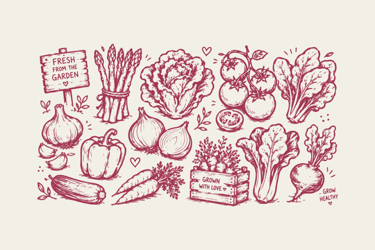 Hand drawn set of fresh organic vegetables and garden harvest produce in a sketch style illustration with wooden signs and crates for healthy cooking and farm market design elements Vector