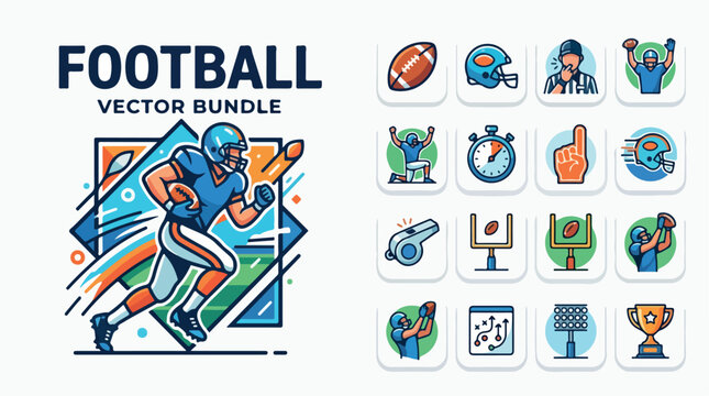 American football vector bundle, 16 sports icons featuring players and equipment, flat line art football collection for game branding isolated PNG with Transparent Background