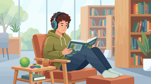 Vector illustration of a teenage boy with curly hair wearing noise-canceling headphones while reading a book in a library, featuring sensory toys like a fidget spinner on a side table nearby.